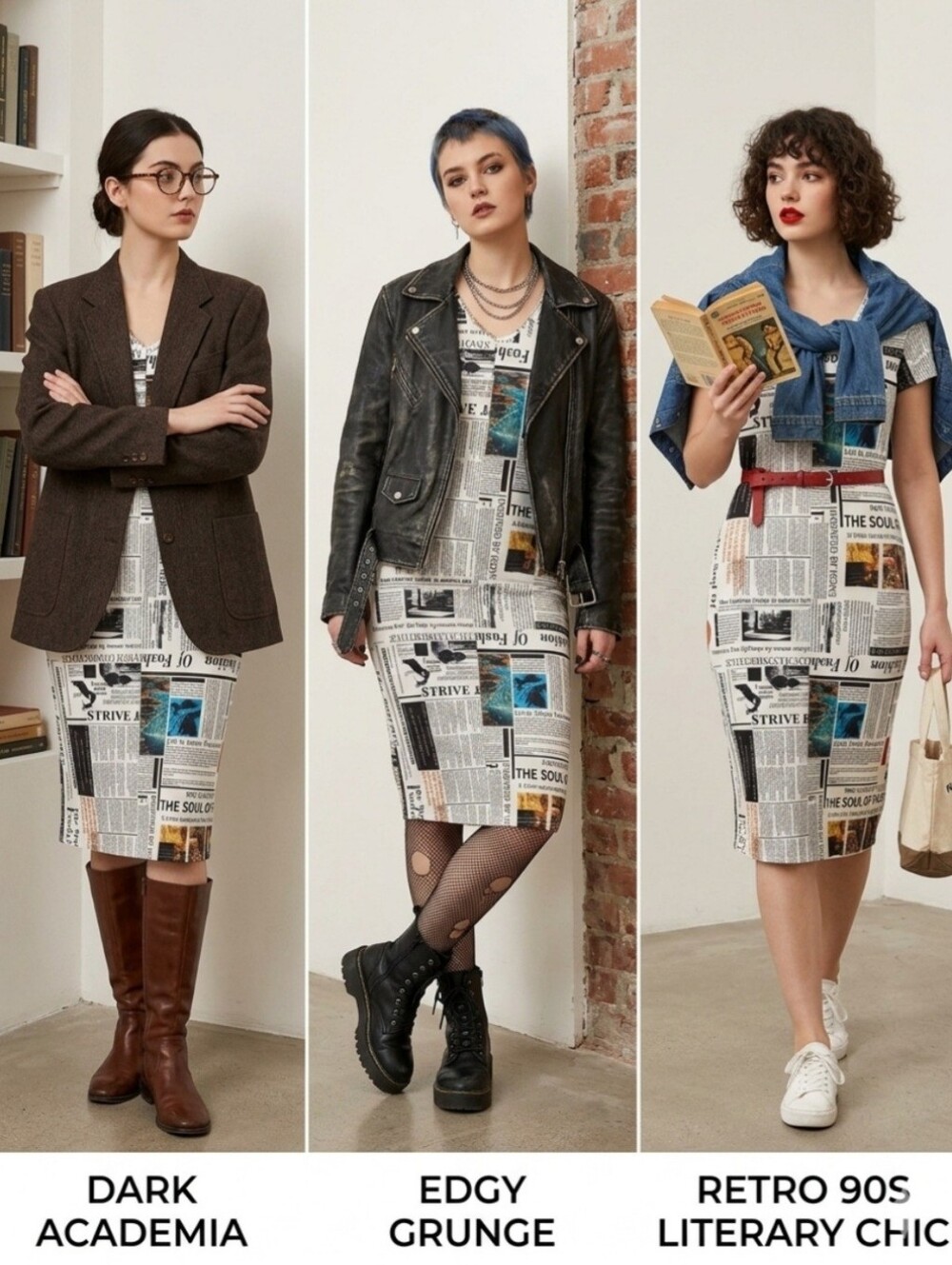 VTG inspired Newspaper Midi Bodycon Dress Short Sleeve Retro Academic Aesthetic